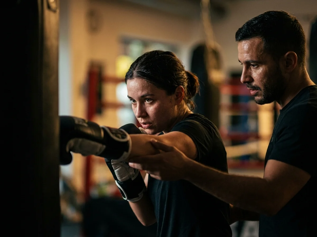 Séance de boxe débutant au sac de frappe avec correction du coach