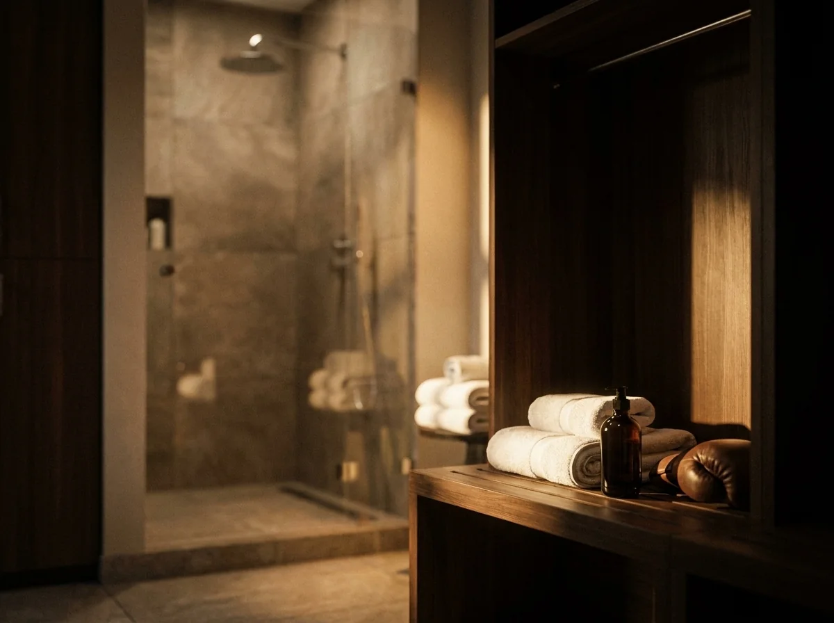 Vestiaire privé avec douche et serviettes au studio de boxe Bis Repetita Genève