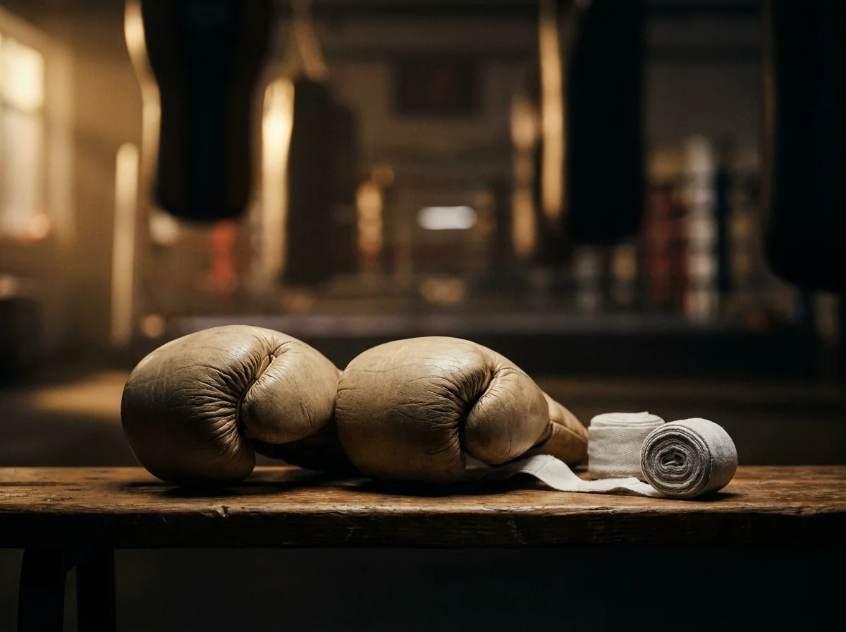 Gants de boxe en cuir naturel et bandes blanches dans un vestiaire haut de gamme du studio Bis Repetita à Genève