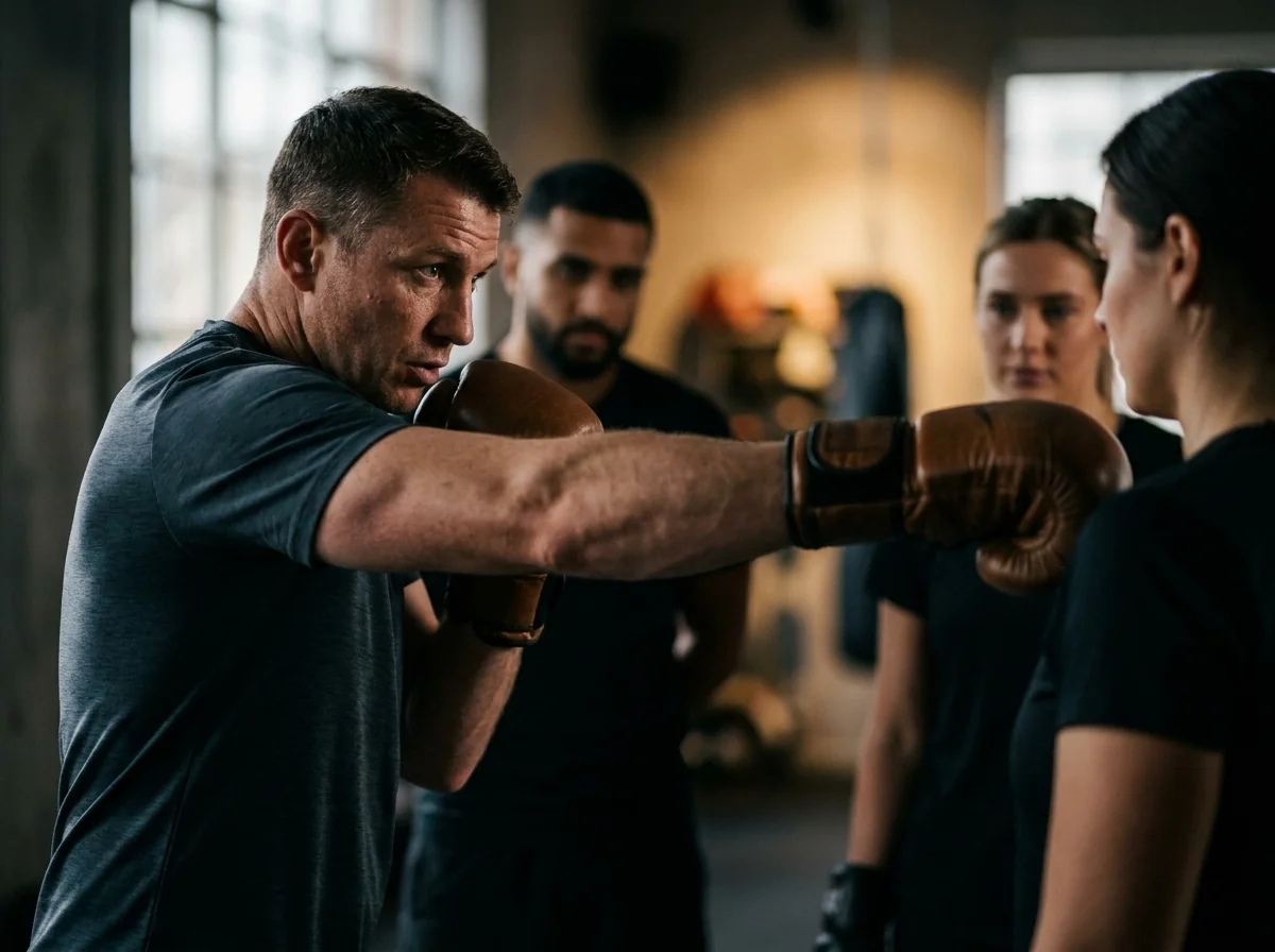 Coach de boxe démontrant un mouvement technique à un groupe de collaborateurs en entreprise lors d'un atelier corporate à Genève