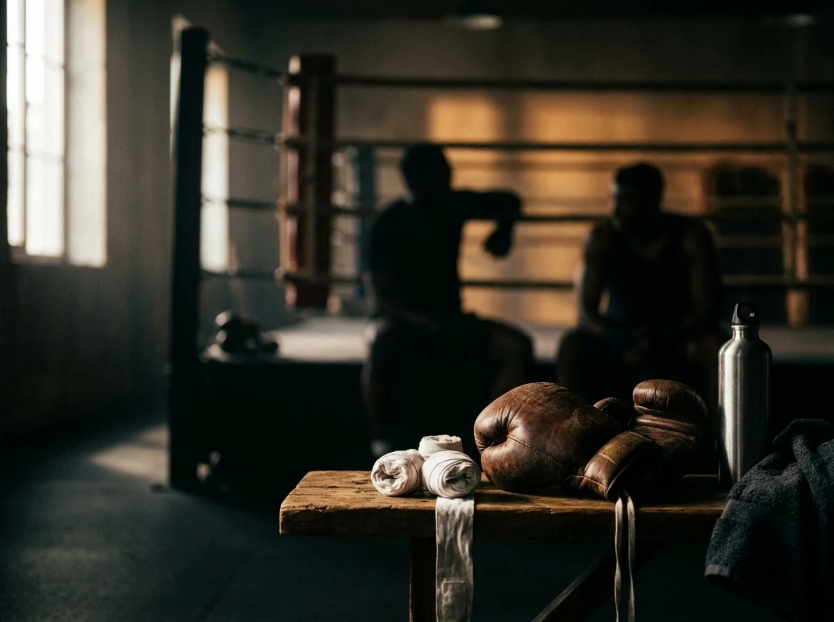 Ambiance d'un studio de boxe haut de gamme à Genève entre deux rounds d'une session corporate, gants et bandes posés au premier plan